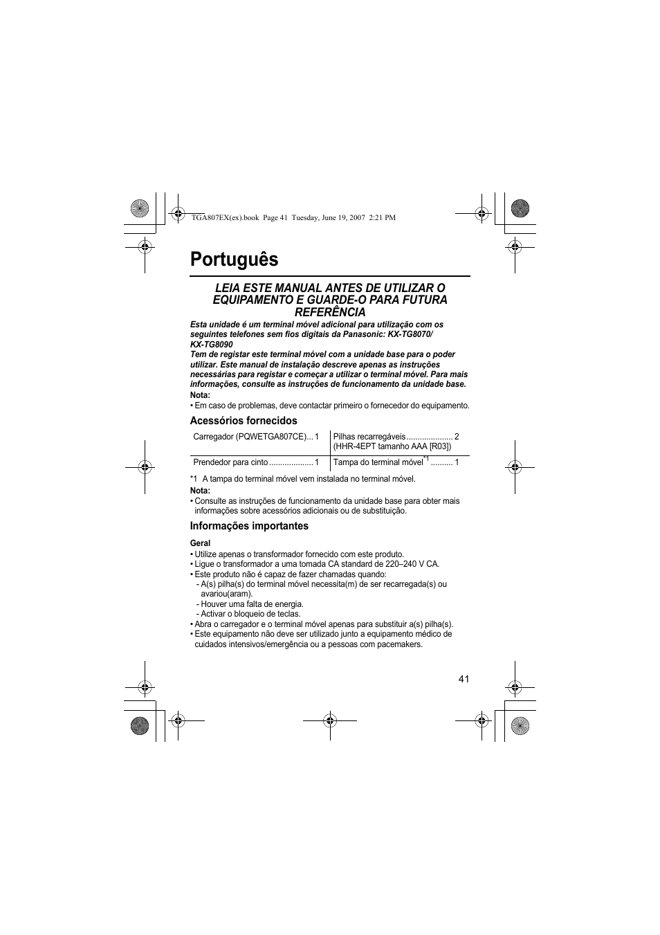 Português, Nota, Acessórios fornecidos | Informações importantes, Geral | Panasonic KXTGA807EX User Manual | Page 41 / 80