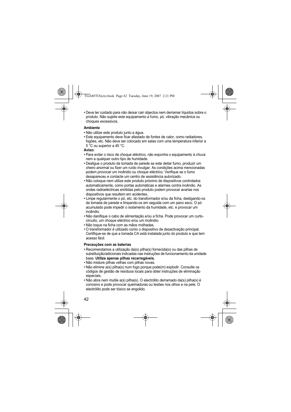 Ambiente, Precauções com as baterias | Panasonic KXTGA807EX User Manual | Page 42 / 80