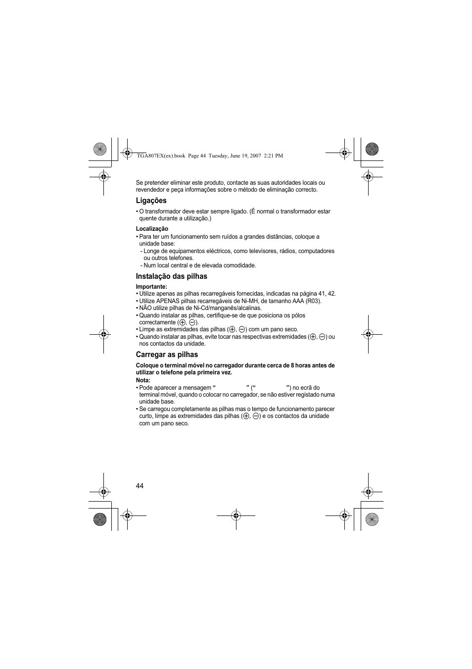 Ligações, Localização, Instalação das pilhas | Carregar as pilhas, Nota | Panasonic KXTGA807EX User Manual | Page 44 / 80
