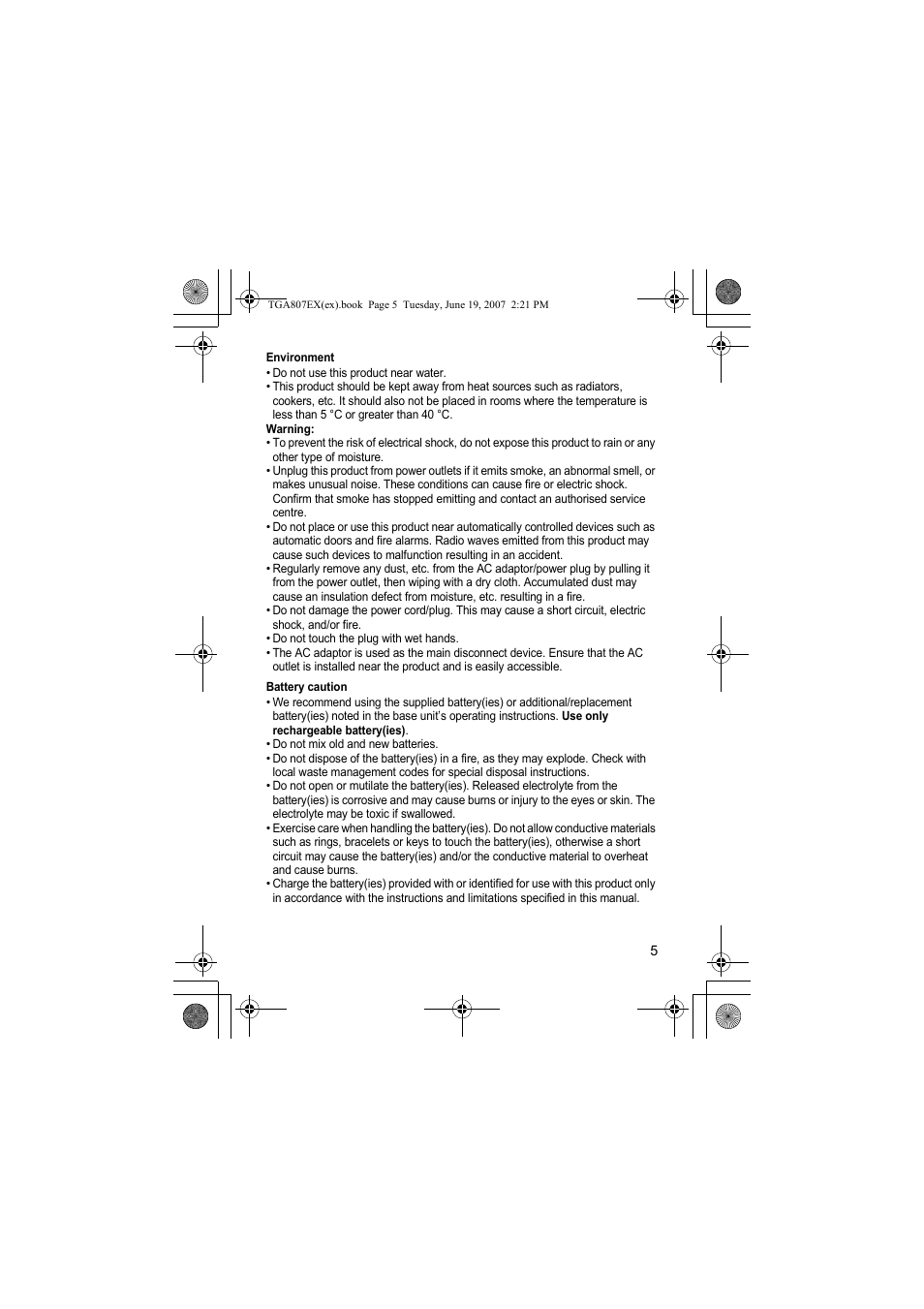 Environment, Battery caution | Panasonic KXTGA807EX User Manual | Page 5 / 80