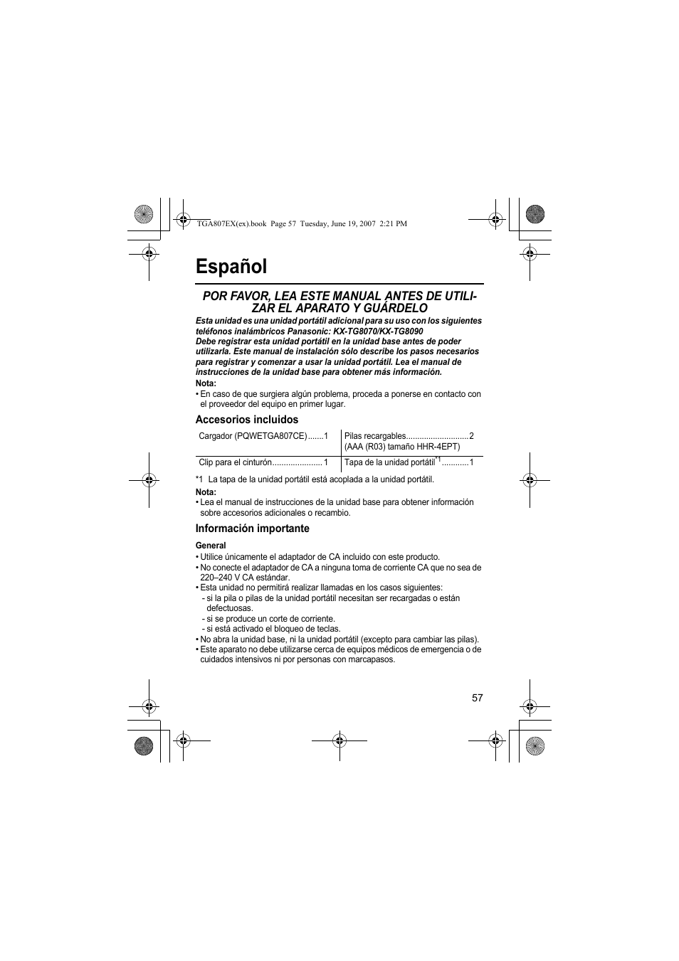 Español, Nota, Accesorios incluidos | Información importante, General | Panasonic KXTGA807EX User Manual | Page 57 / 80