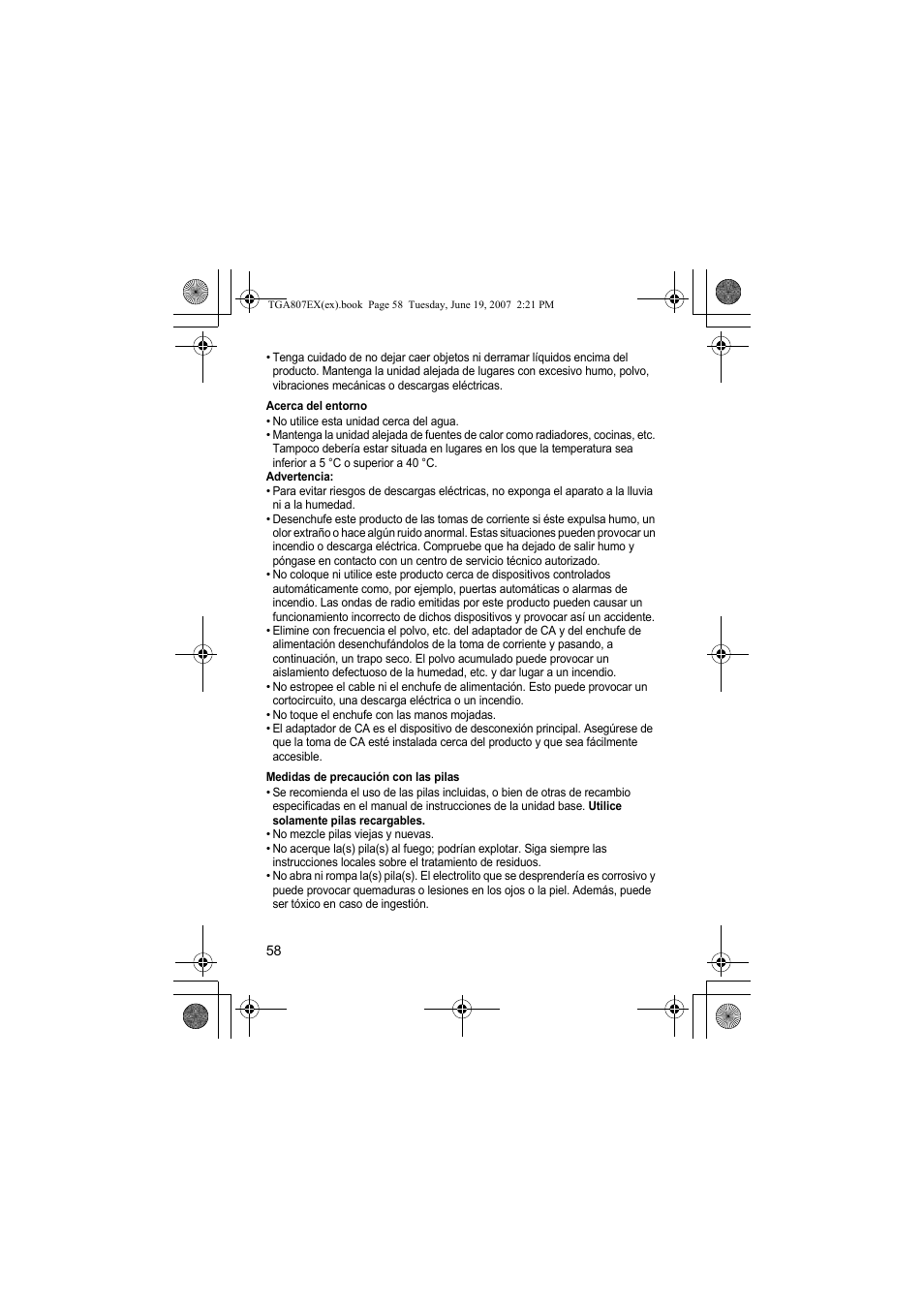 Acerca del entorno, Medidas de precaución con las pilas | Panasonic KXTGA807EX User Manual | Page 58 / 80