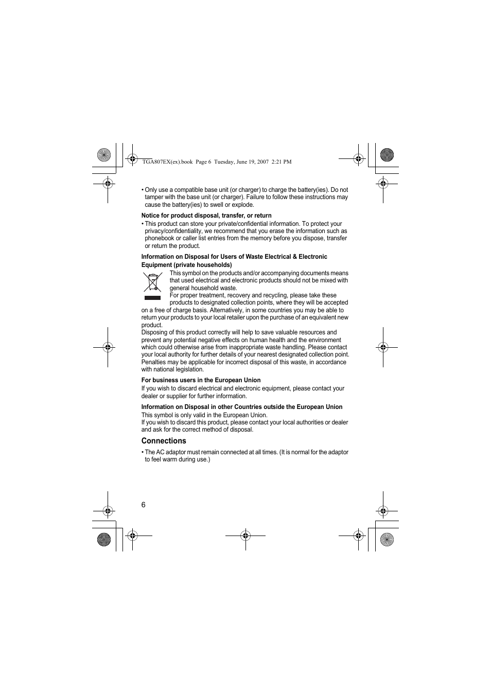 Notice for product disposal, transfer, or return, For business users in the european union, Connections | Panasonic KXTGA807EX User Manual | Page 6 / 80