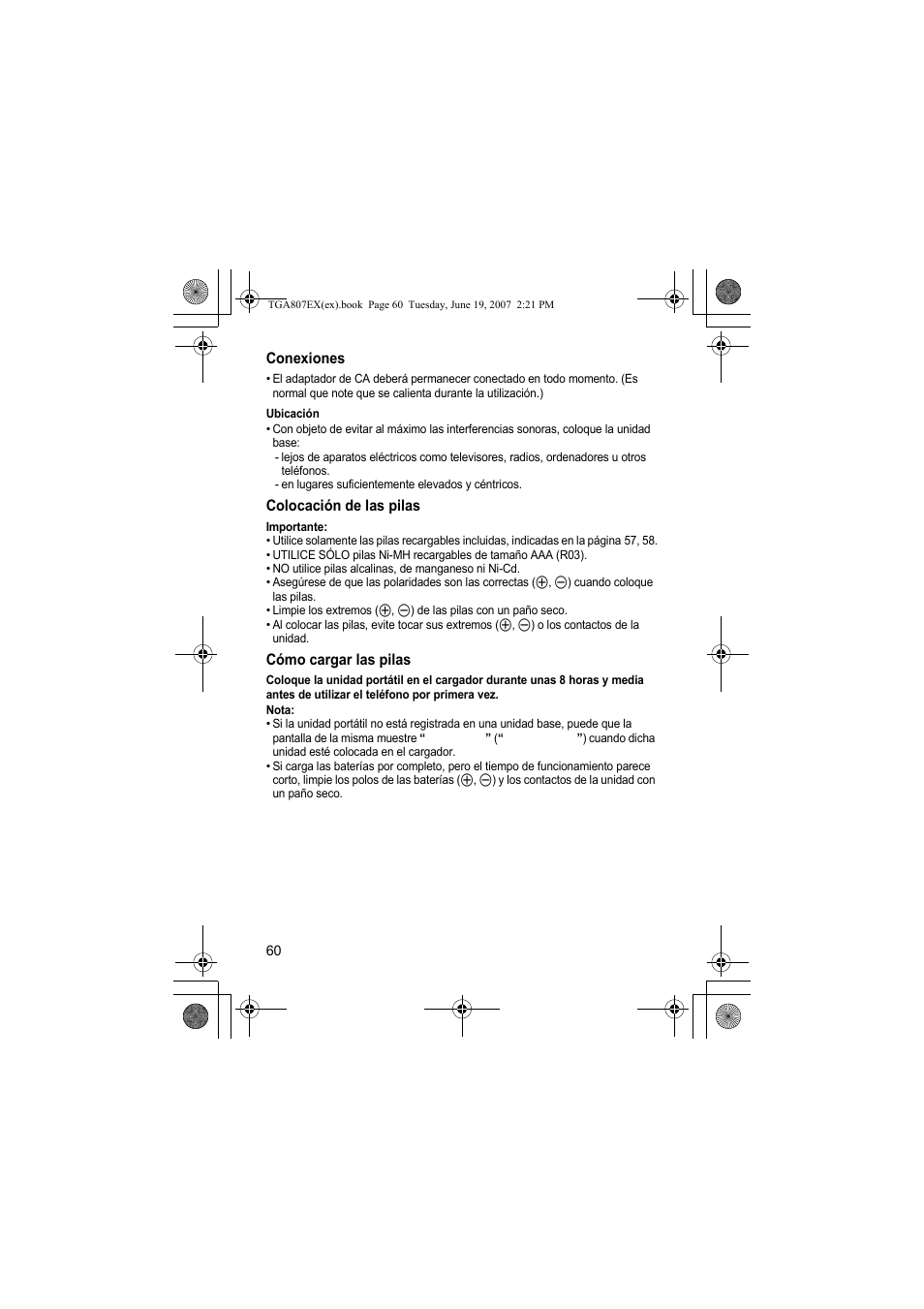Conexiones, Ubicación, Colocación de las pilas | Cómo cargar las pilas, Nota | Panasonic KXTGA807EX User Manual | Page 60 / 80