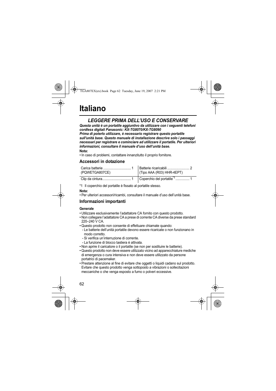 Italiano, Leggere prima dell’uso e conservare, Nota | Accessori in dotazione, Informazioni importanti, Generale | Panasonic KXTGA807EX User Manual | Page 62 / 80