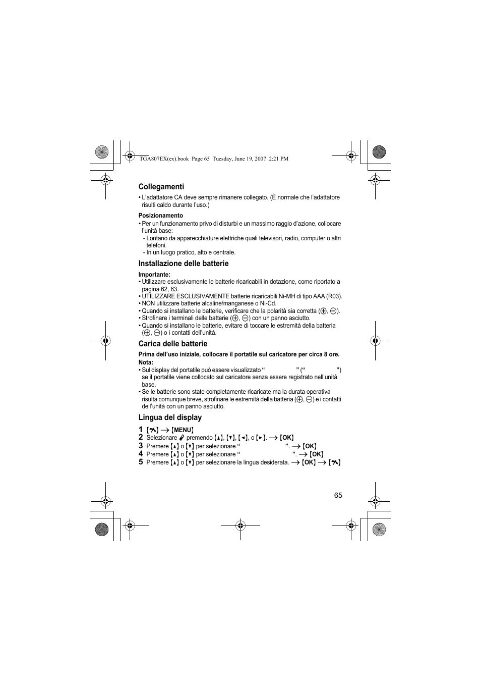 Collegamenti, Posizionamento, Installazione delle batterie | Carica delle batterie, Nota, Lingua del display, 1 {i} i {menu | Panasonic KXTGA807EX User Manual | Page 65 / 80