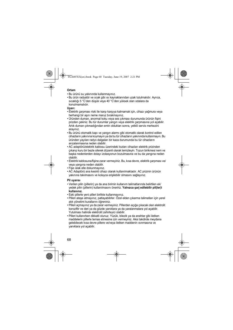 Ortam, Pil uyaræsæ | Panasonic KXTGA807EX User Manual | Page 68 / 80