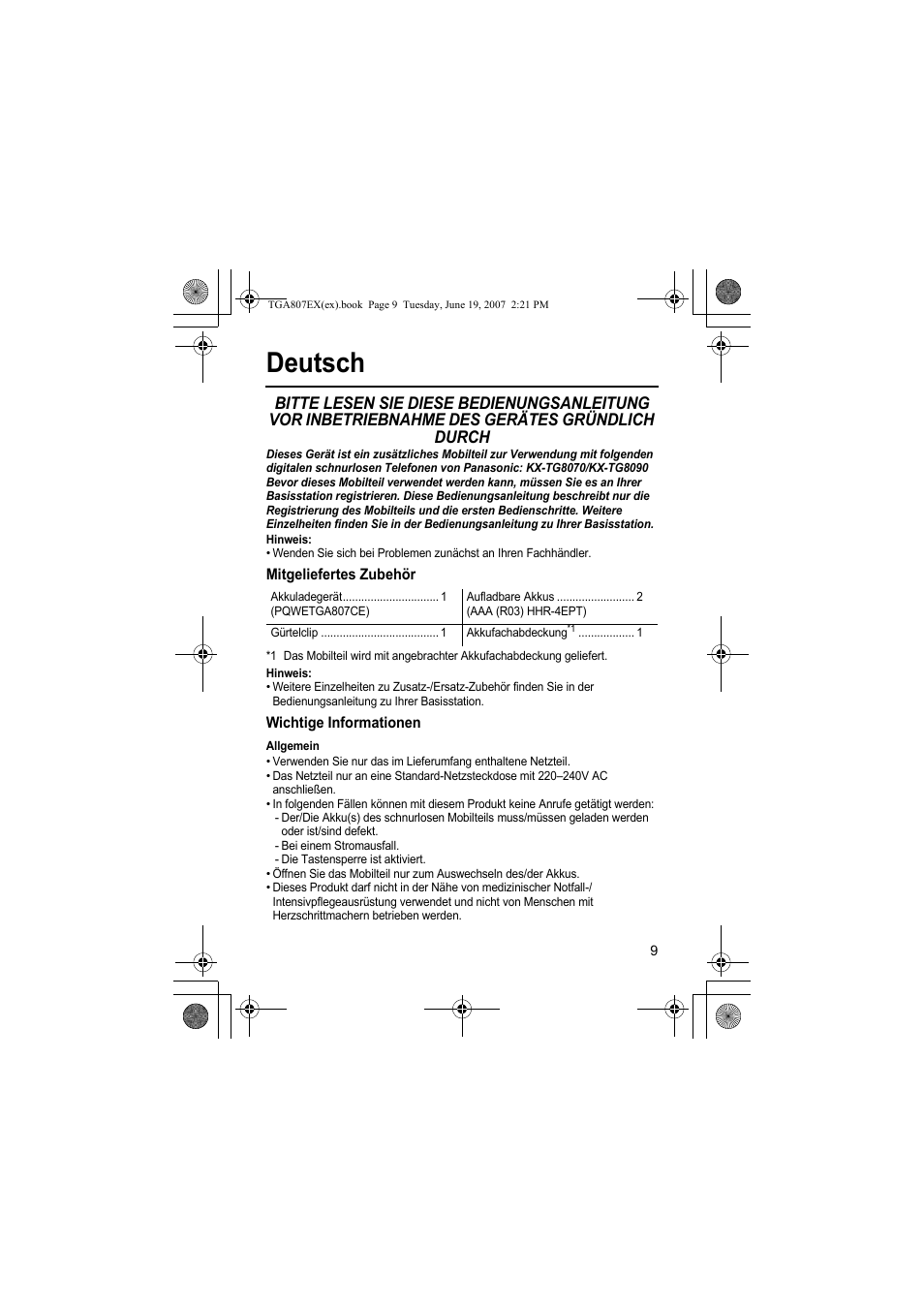 Deutsch, Hinweis, Mitgeliefertes zubehör | Wichtige informationen, Allgemein | Panasonic KXTGA807EX User Manual | Page 9 / 80