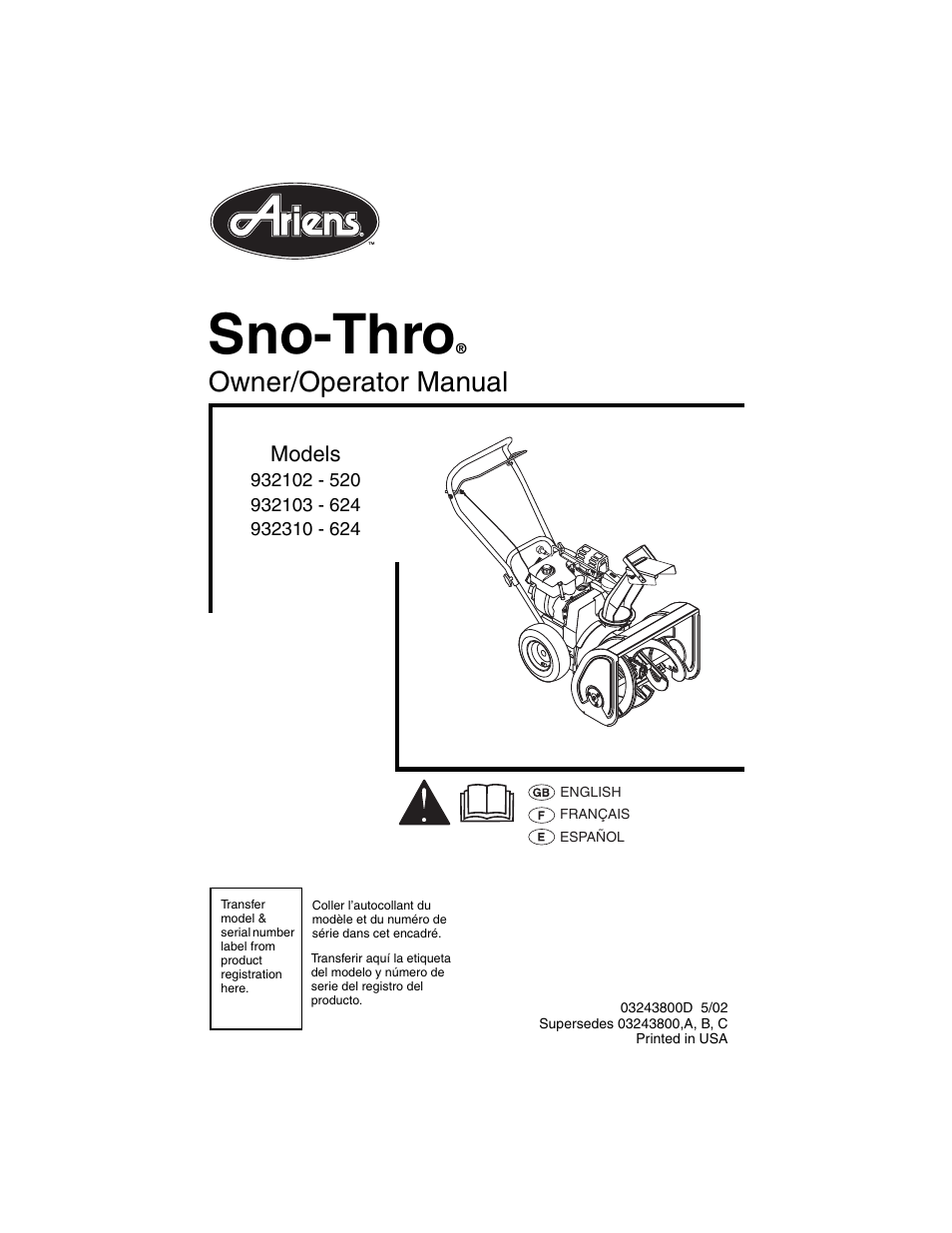 Ariens SNO-THRO 932102 - 520 User Manual | 26 pages