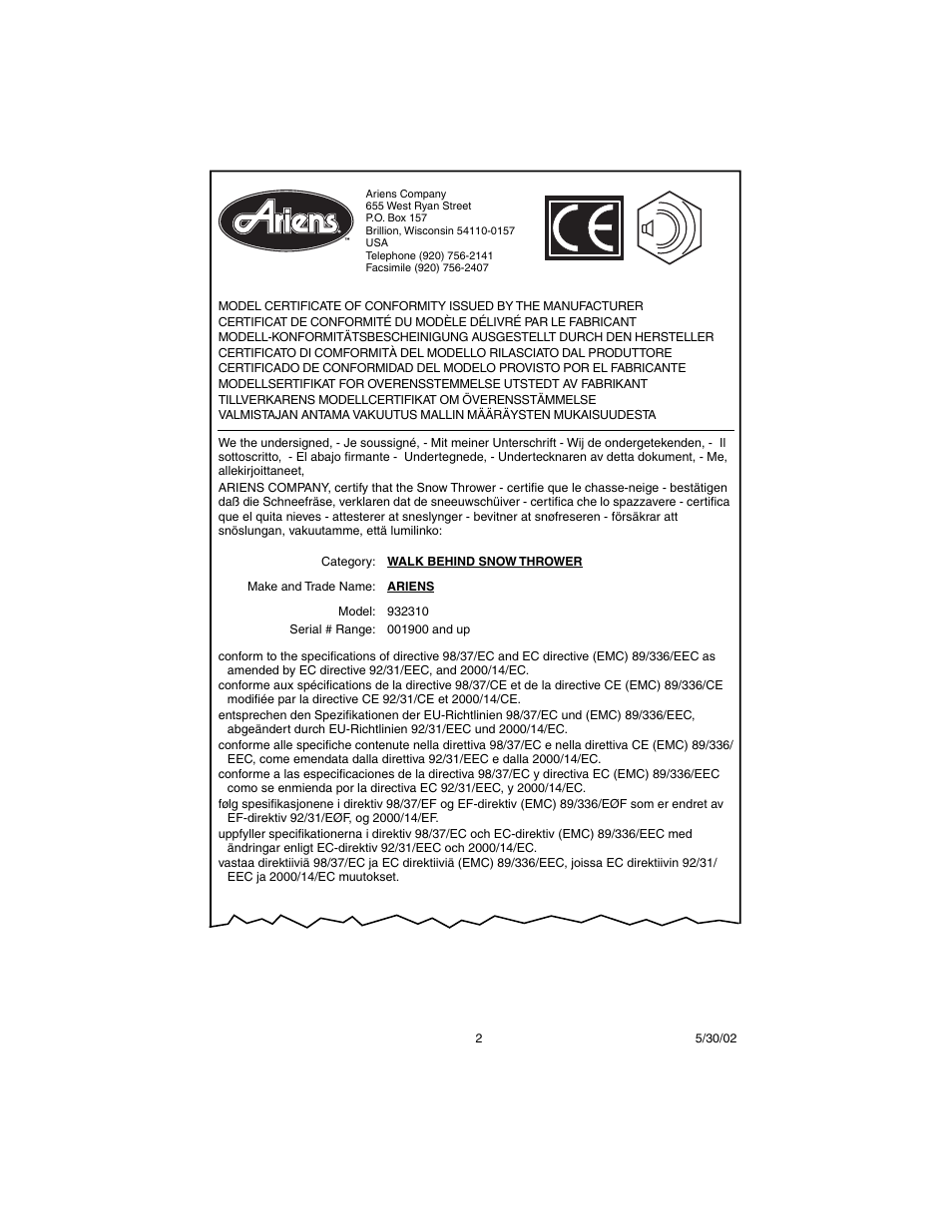 Ariens SNO-THRO 932102 - 520 User Manual | Page 2 / 26
