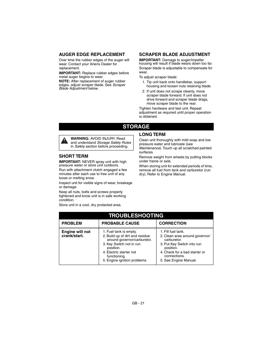 Storage, Troubleshooting | Ariens SNO-THRO 932102 - 520 User Manual | Page 21 / 26