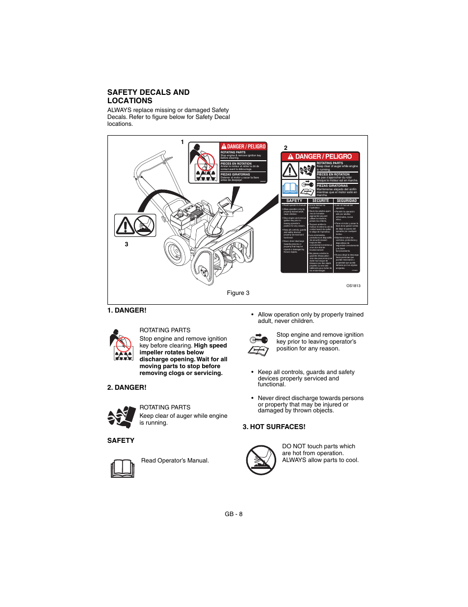 Safety decals and locations, Danger! 2. danger! safety 3. hot surfaces, Danger / peligro | Gb - 8 | Ariens SNO-THRO 932102 - 520 User Manual | Page 8 / 26