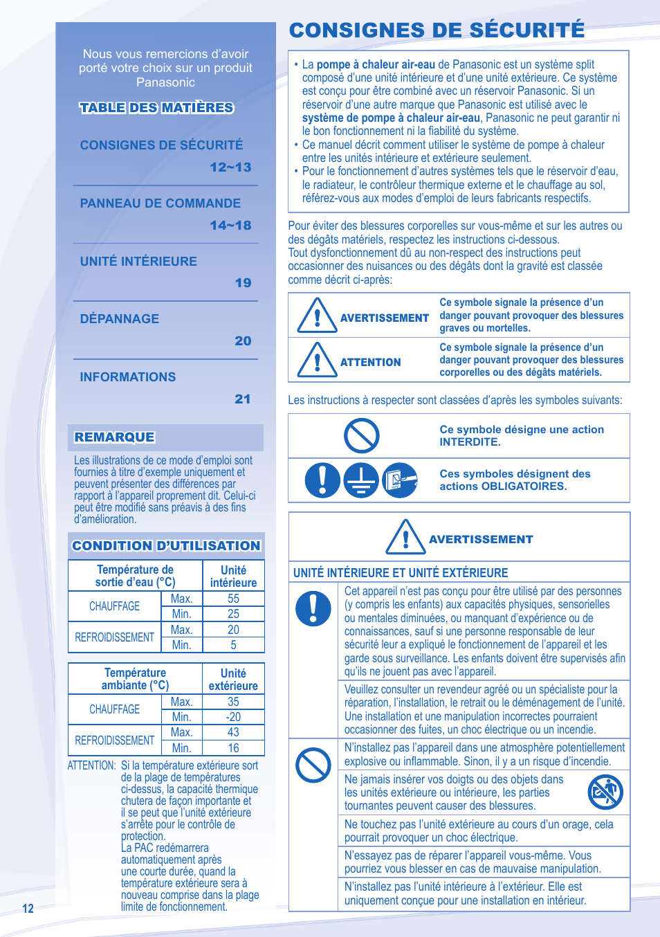 Consignes de sécurité | Panasonic WHSDC12C6E5 User Manual | Page 12 / 92