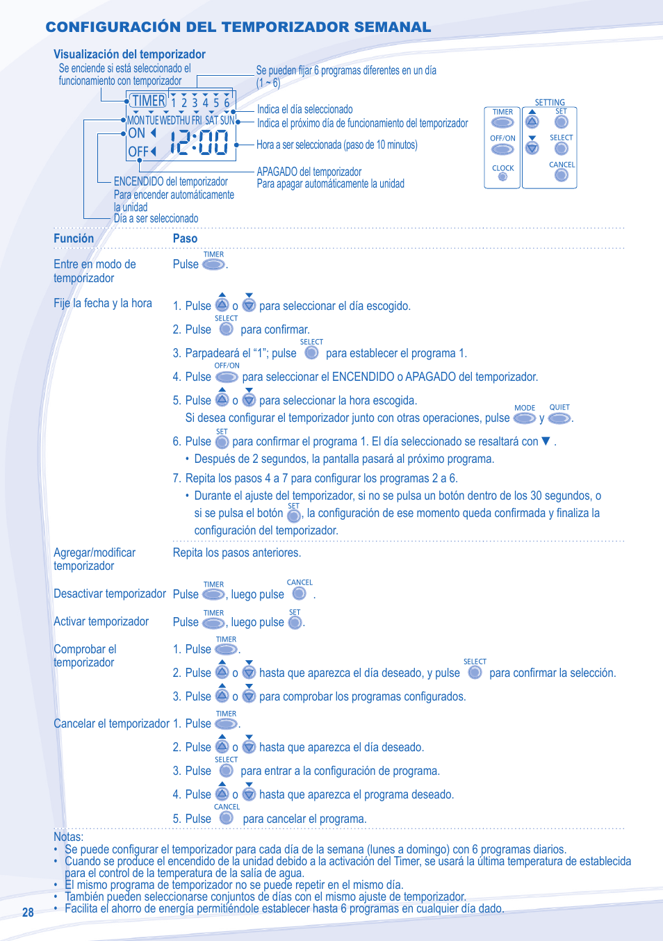 Configuración del temporizador semanal | Panasonic WHSDC12C6E5 User Manual | Page 28 / 92