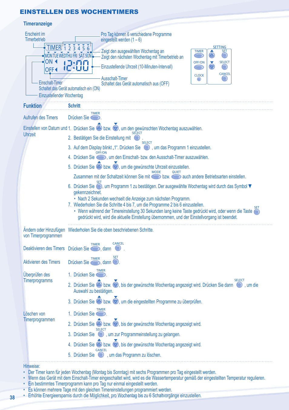 Funktion, Einstellen des wochentimers | Panasonic WHSDC12C6E5 User Manual | Page 38 / 92