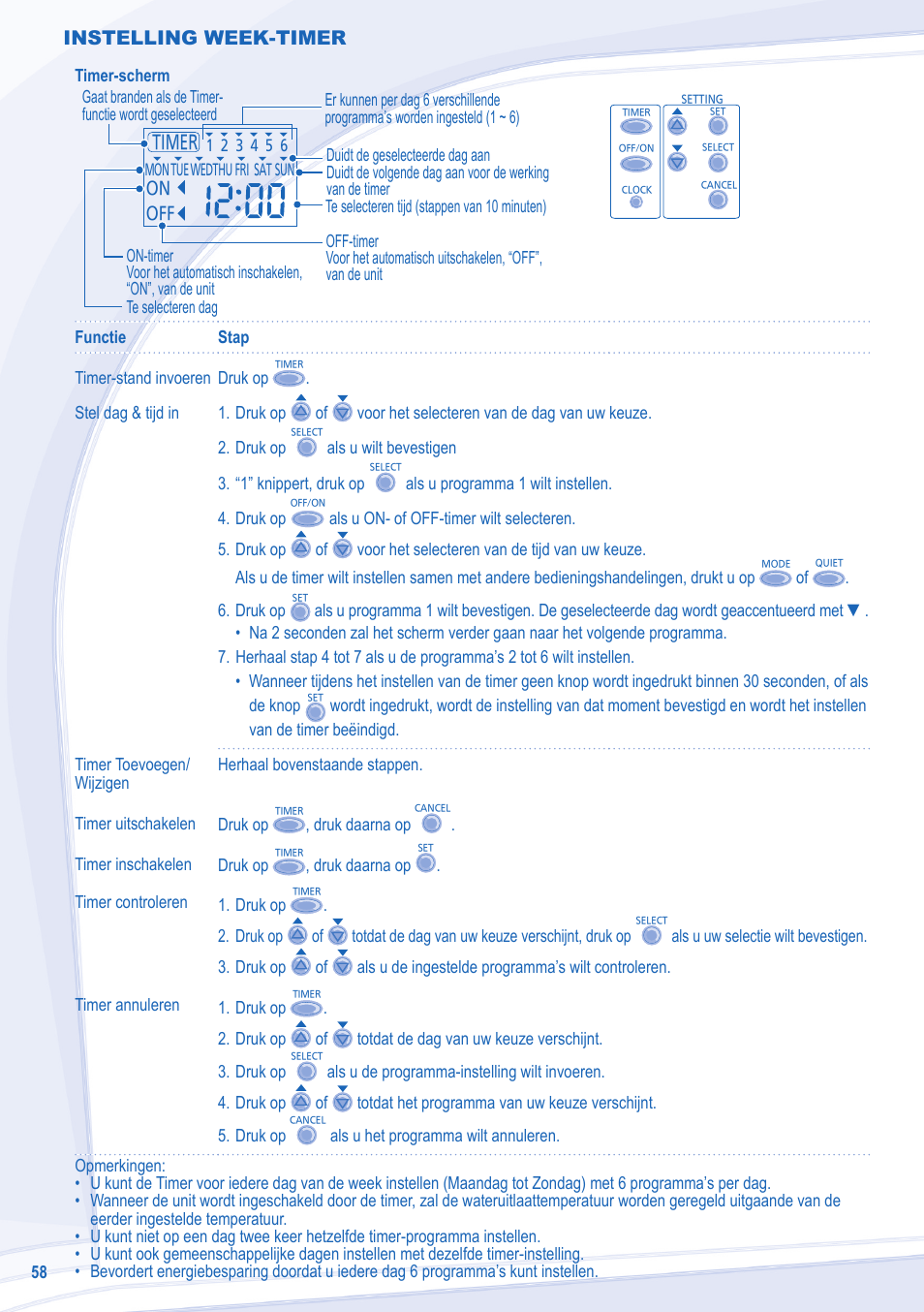 Instelling week-timer | Panasonic WHSDC12C6E5 User Manual | Page 58 / 92