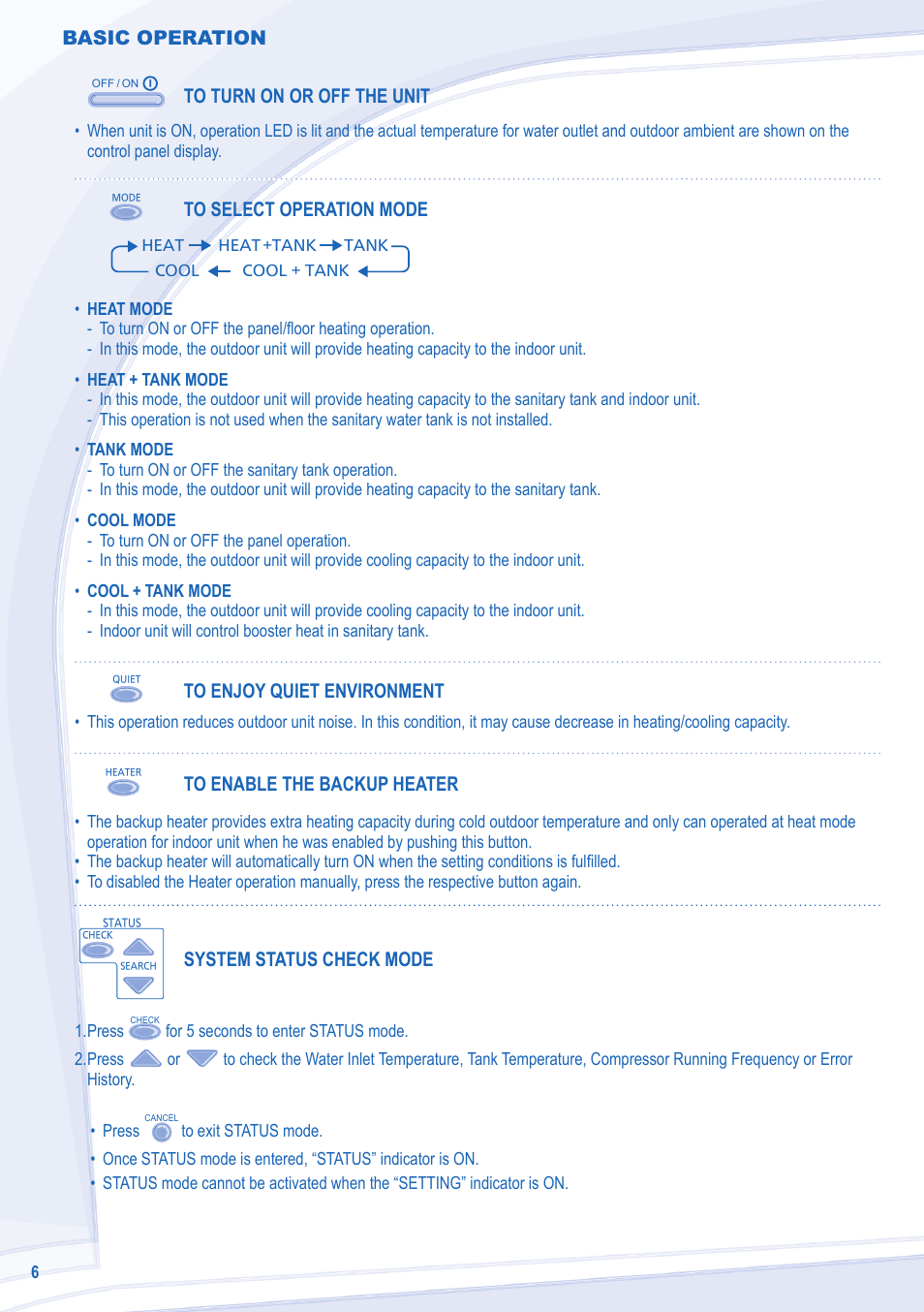 Basic operation, System status check mode | Panasonic WHSDC12C6E5 User Manual | Page 6 / 92