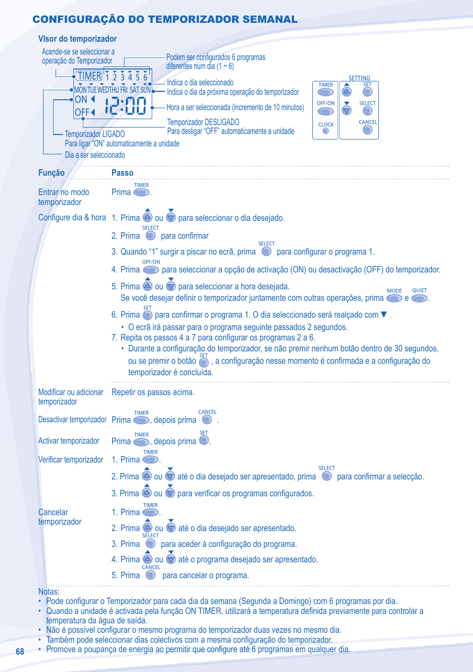 Configuração do temporizador semanal | Panasonic WHSDC12C6E5 User Manual | Page 68 / 92