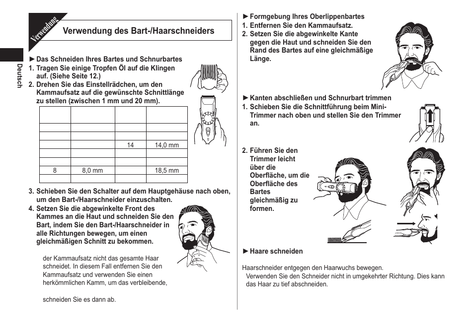 Verwendung, Verwendung des bart-/haarschneiders | Panasonic ER2211 User Manual | Page 10 / 116