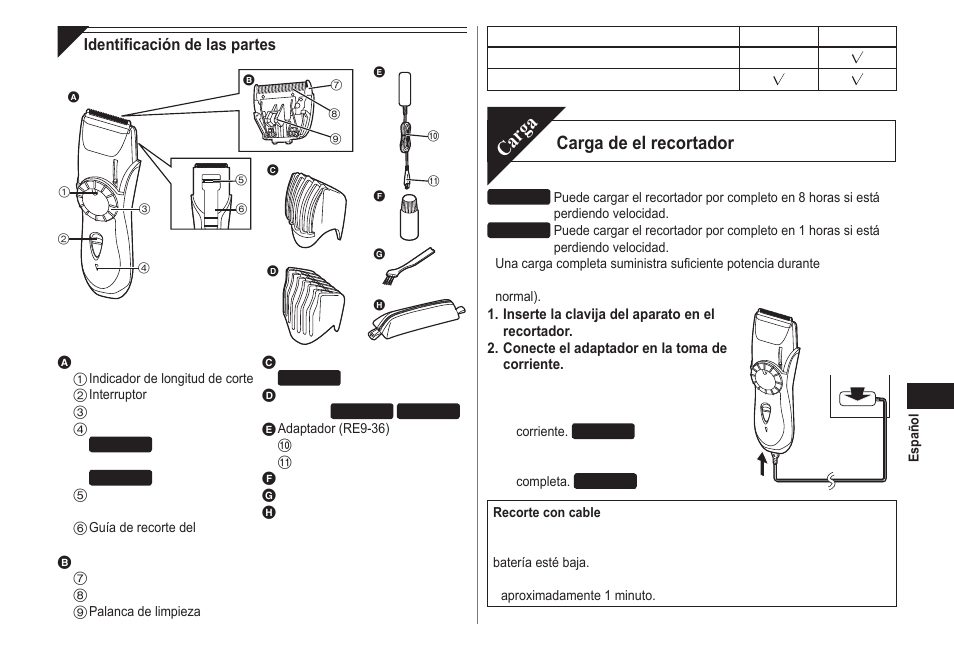 Carga, Carga de el recortador | Panasonic ER2211 User Manual | Page 33 / 116