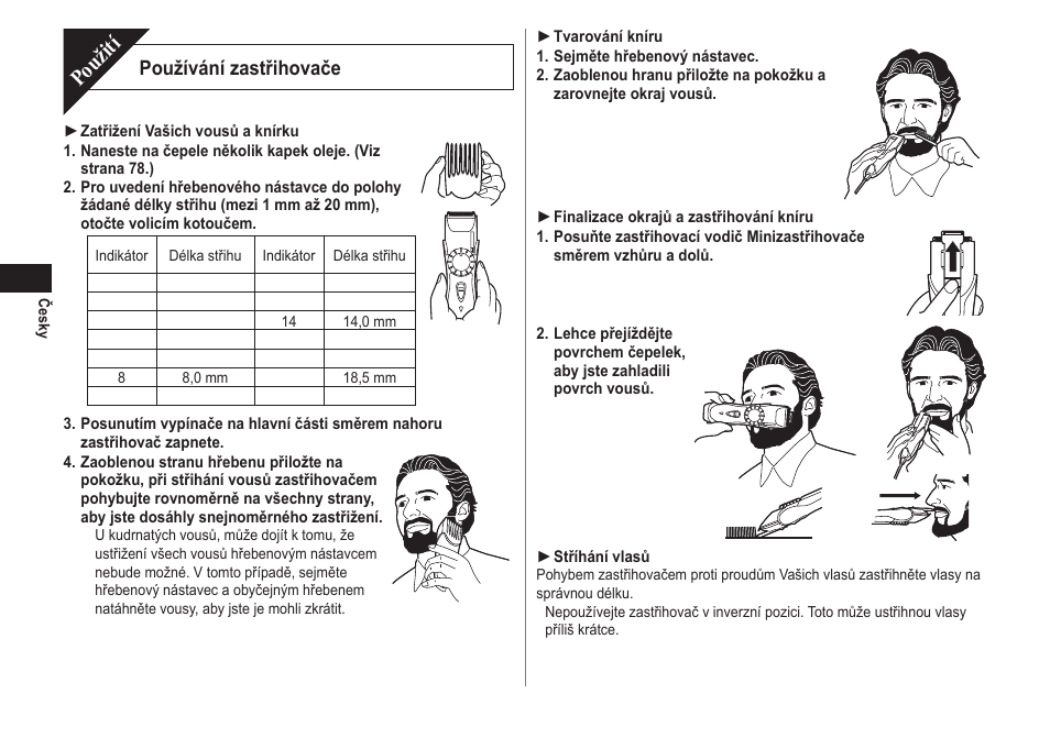 Použití, Používání zastřihovače | Panasonic ER2211 User Manual | Page 76 / 116