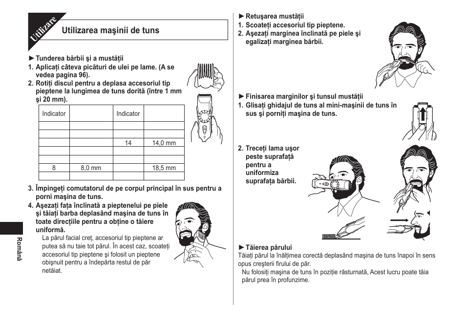 Utilizar e, Utilizarea maşinii de tuns | Panasonic ER2211 User Manual | Page 94 / 116