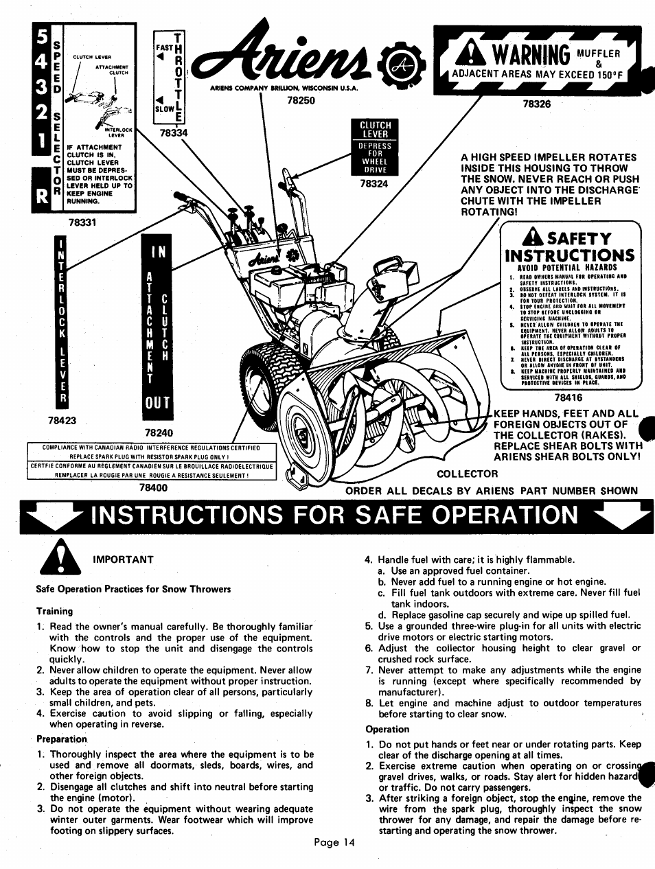 A safety instructions, Instructions for safe operation | Ariens 924000 User Manual | Page 14 / 55