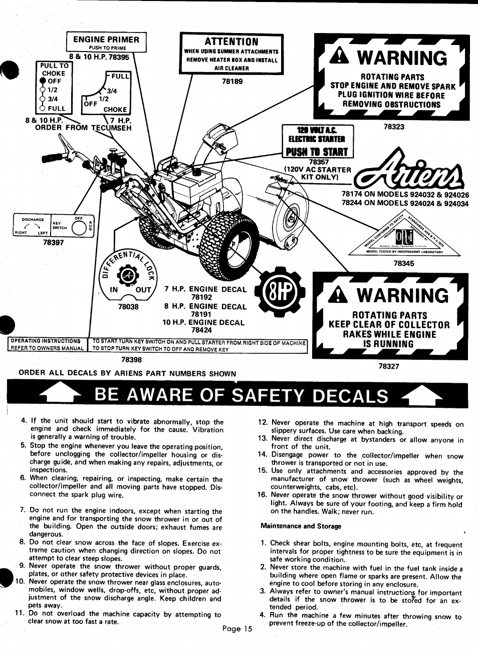 Be aware of safety decals | Ariens 924000 User Manual | Page 15 / 55