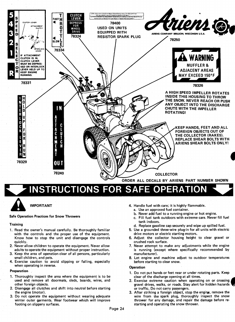 Instructions for safe operation | Ariens 924000 User Manual | Page 24 / 55