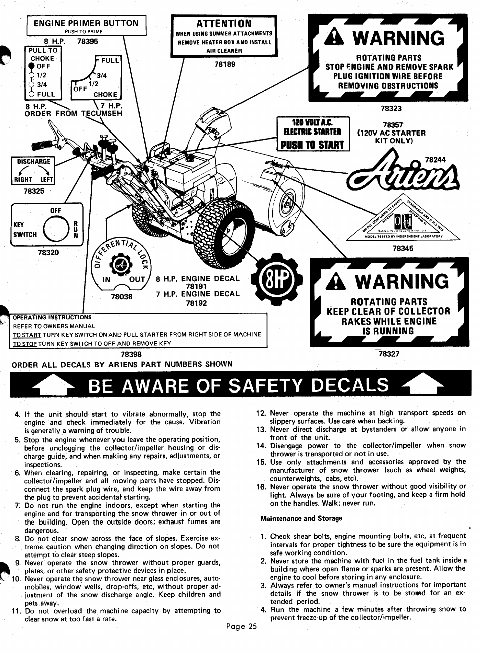 Engine primer button, Be aware of safety decals | Ariens 924000 User Manual | Page 25 / 55