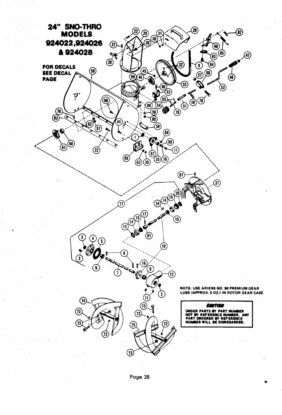 24” sno-thro, Models 024022,924026 6024028 | Ariens 924000 User Manual | Page 38 / 55