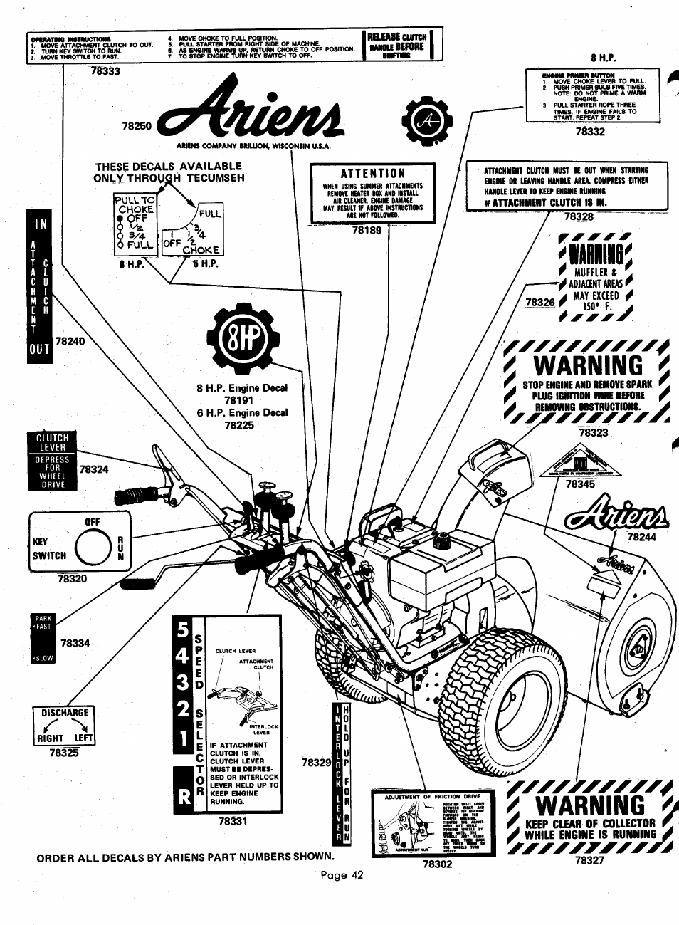 I warning, Warning | Ariens 924000 User Manual | Page 42 / 55