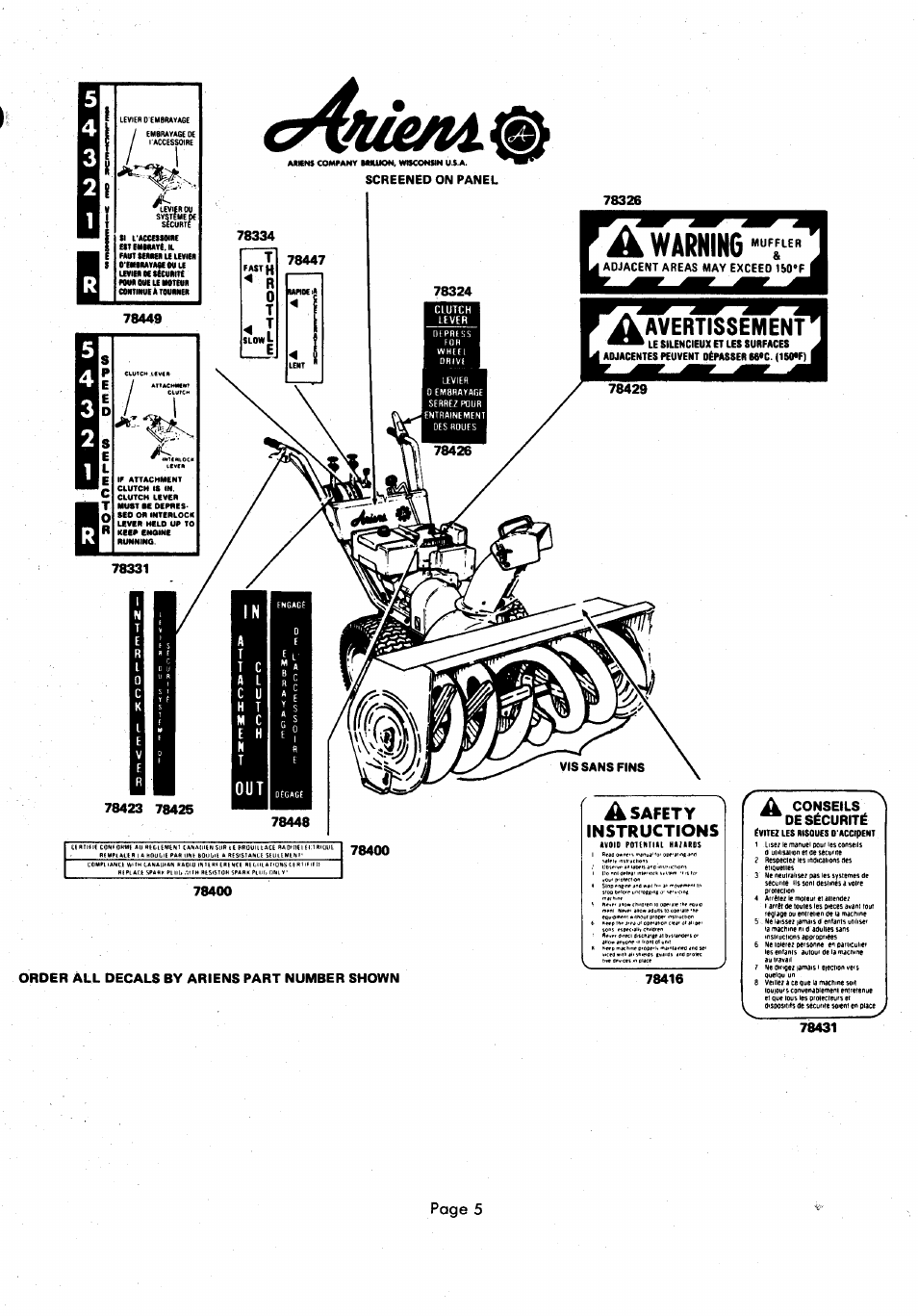 Page 5, Order all decals by ariens part number shown | Ariens 924000 User Manual | Page 5 / 55