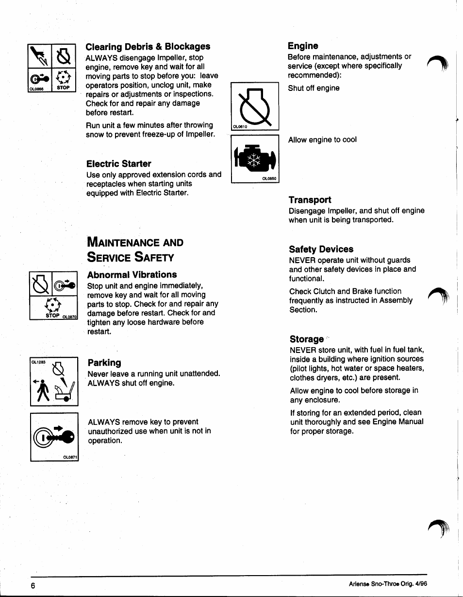 Clearing debris & blockages, Electric starter, Abnormal vibrations | Engine, Transport, Safety devices, Storage | Ariens SNO-THRO 008-SS322E User Manual | Page 10 / 24