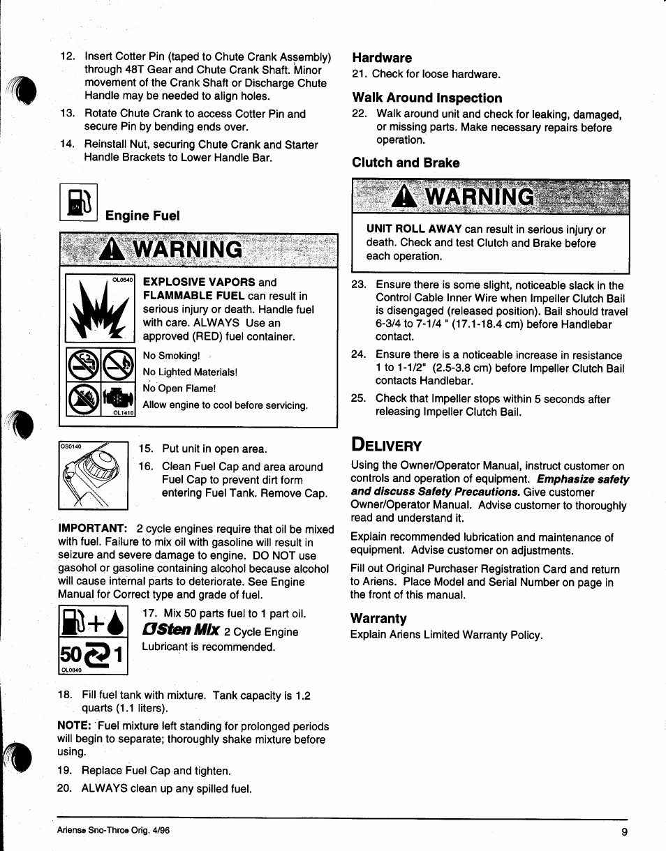 Engine fuel, A warning, Soqi | Hardware, Walk around inspection, Clutch and brake, Warranty, I soqi, Warning | Ariens SNO-THRO 008-SS322E User Manual | Page 13 / 24