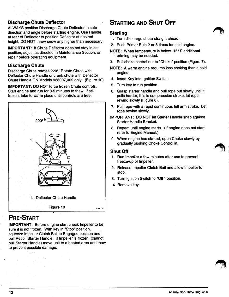 Discharge chute deflector, Discharge chute, Starting and shut off | Starting, Shut off, Pre-start | Ariens SNO-THRO 008-SS322E User Manual | Page 16 / 24
