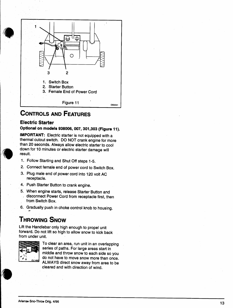 Controls and features, Electric starter, Throwing snow | Controls and features throwing snow, Electric start option | Ariens SNO-THRO 008-SS322E User Manual | Page 17 / 24