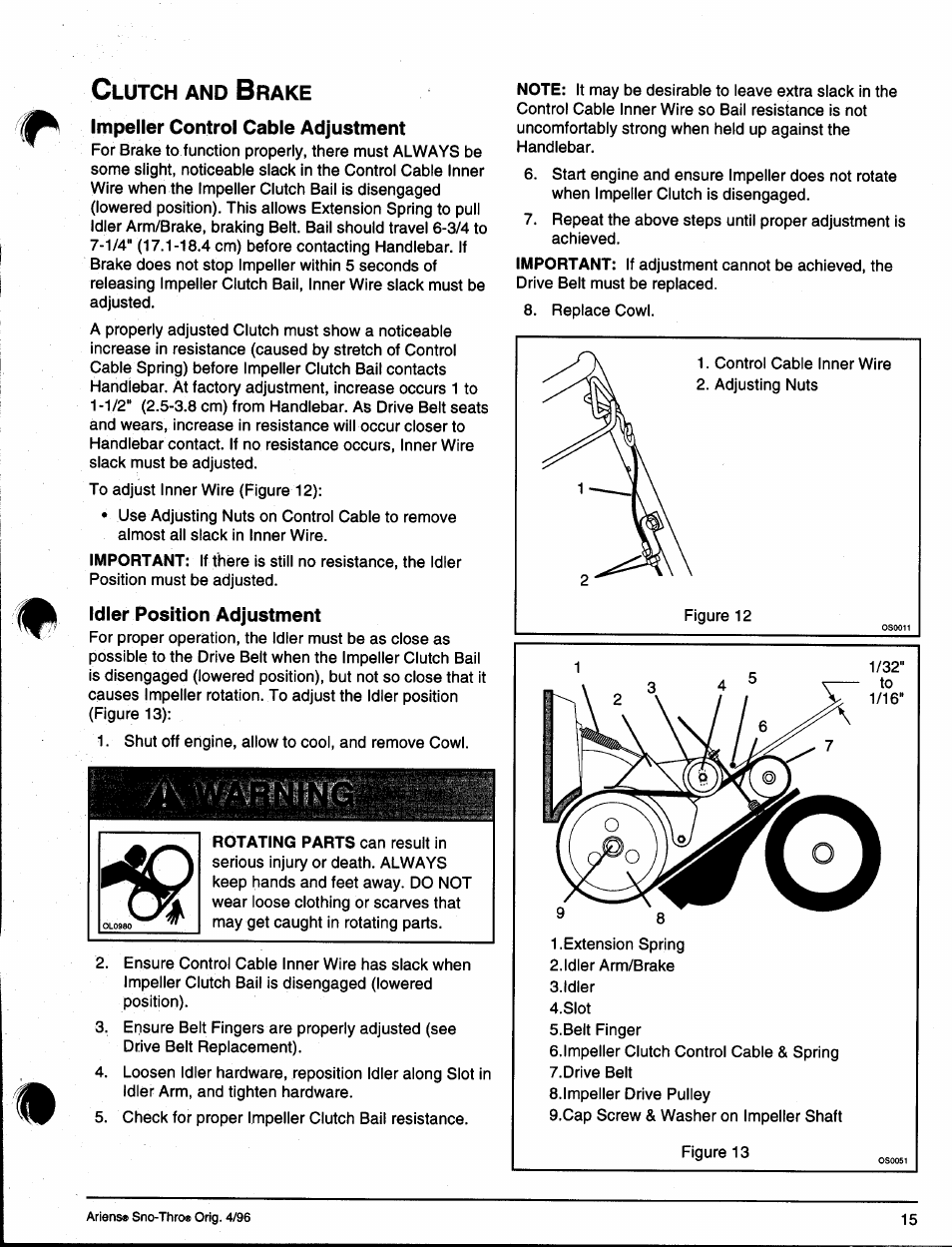 Impeller control cable adjustment, Idler position adjustment | Ariens SNO-THRO 008-SS322E User Manual | Page 19 / 24