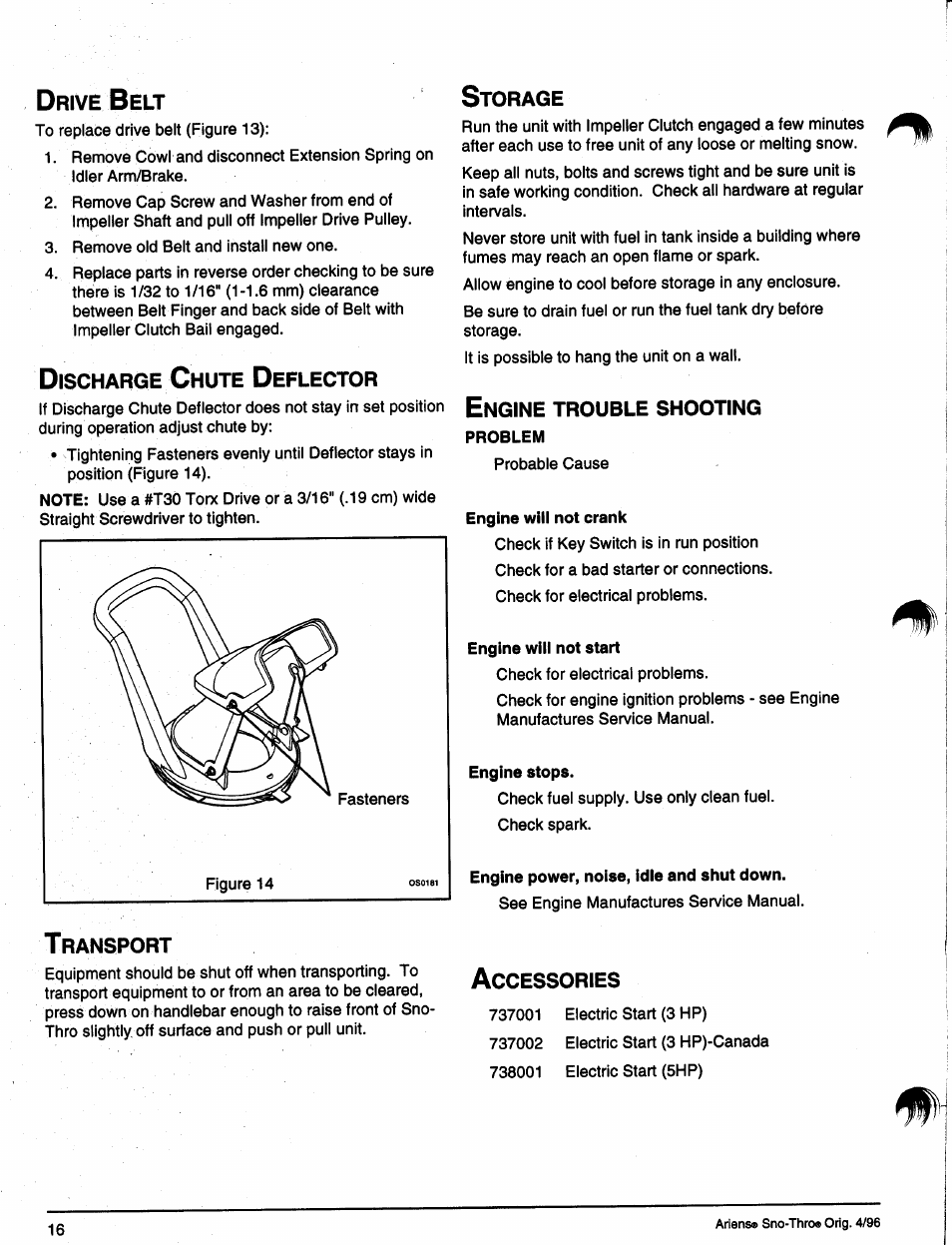 Drive belt, Discharge chute deflector, Transport | Storage, Engine trouble shooting, Accessories, Drive belt discharge chute deflector, Storage accessories | Ariens SNO-THRO 008-SS322E User Manual | Page 20 / 24