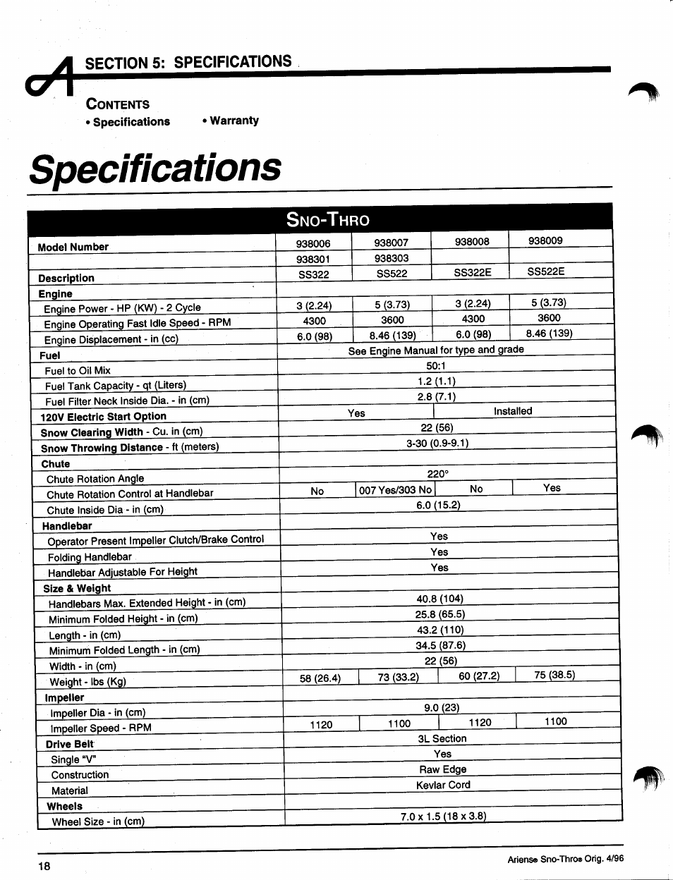 Specifications | Ariens SNO-THRO 008-SS322E User Manual | Page 22 / 24