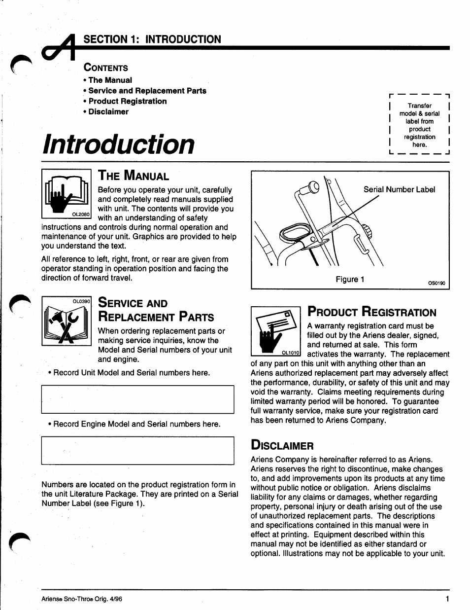 Introduction, The manual, Service and replacement parts | Product registration, Disclaimer, The manual service and replacement parts, Product registration disclaimer | Ariens SNO-THRO 008-SS322E User Manual | Page 5 / 24