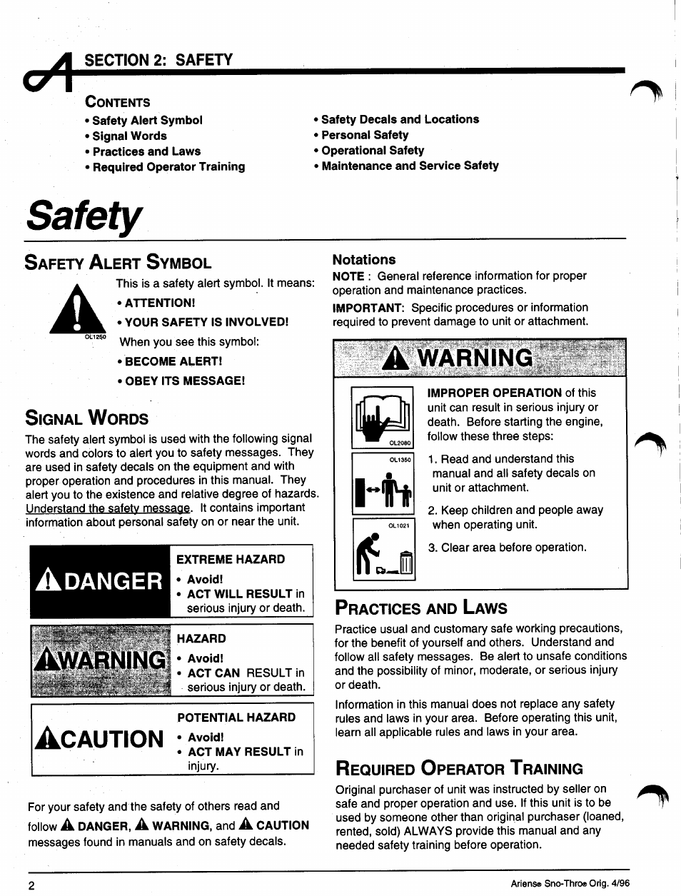 Safety, Safety alert symbol, Signal words | Practices and laws, Required operator training, Safety alert symbol signal words, Practices and laws required operator training, Acaution •a, A warning, Hltt | Ariens SNO-THRO 008-SS322E User Manual | Page 6 / 24