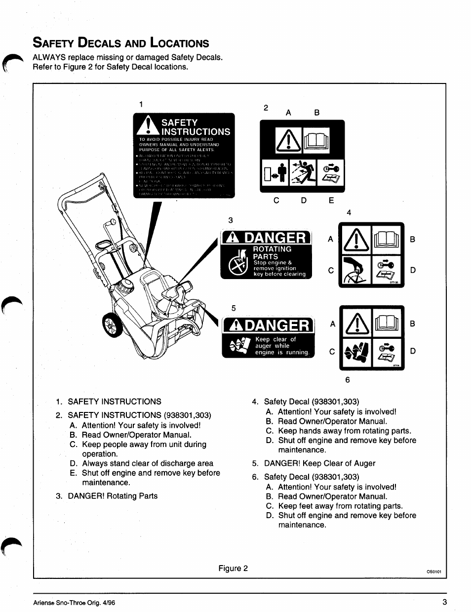 Safety decals and locations, Safety, Instructions | A danger, Safety decais and locations, Danger | Ariens SNO-THRO 008-SS322E User Manual | Page 7 / 24