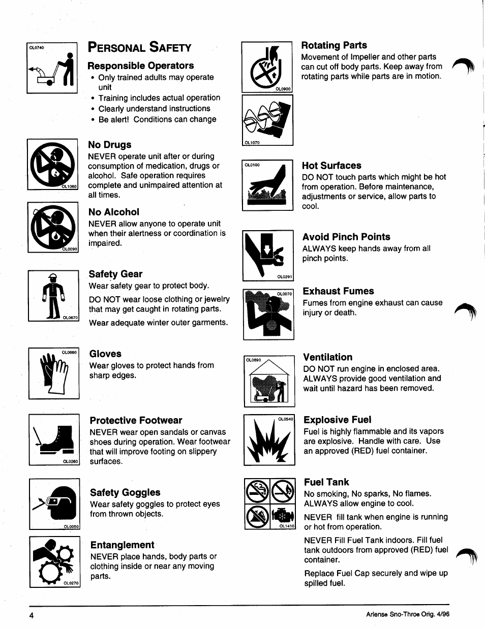 Personal safety, Responsible operators, No drugs | No alcohol, Ventilation, Explosive fuel, Safety goggles, Entanglement, Fuel tank | Ariens SNO-THRO 008-SS322E User Manual | Page 8 / 24
