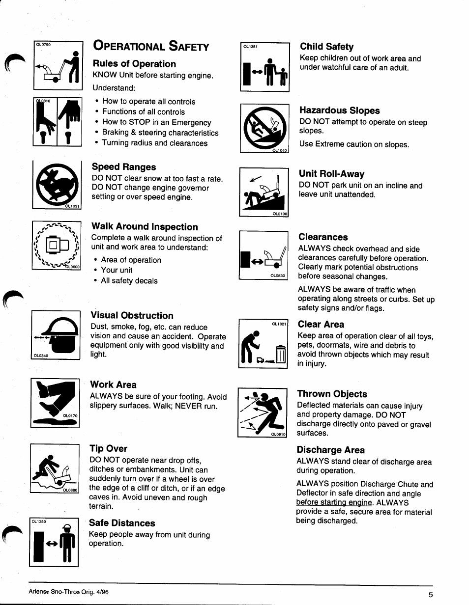 Rules of operation, Speed ranges, Walk around inspection | Clearances, Clear area, Tip over, Safe distances, Thrown objects, Discharge area | Ariens SNO-THRO 008-SS322E User Manual | Page 9 / 24