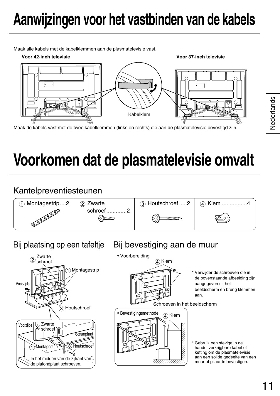 Voorkomen dat de plasmatelevisie omvalt, Aanwijzingen voor het vastbinden van de kabels | Panasonic TYST42PX5W User Manual | Page 11 / 32