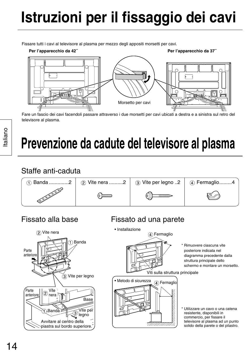 Prevenzione da cadute del televisore al plasma, Istruzioni per il fissaggio dei cavi | Panasonic TYST42PX5W User Manual | Page 14 / 32