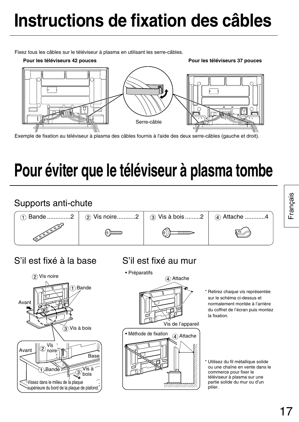 Pour éviter que le téléviseur à plasma tombe, Instructions de fixation des câbles | Panasonic TYST42PX5W User Manual | Page 17 / 32