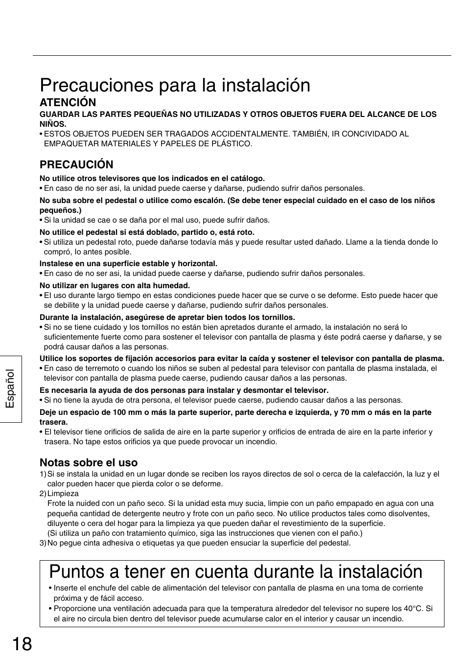 Precauciones para la instalación, Puntos a tener en cuenta durante la instalación | Panasonic TYST42PX5W User Manual | Page 18 / 32