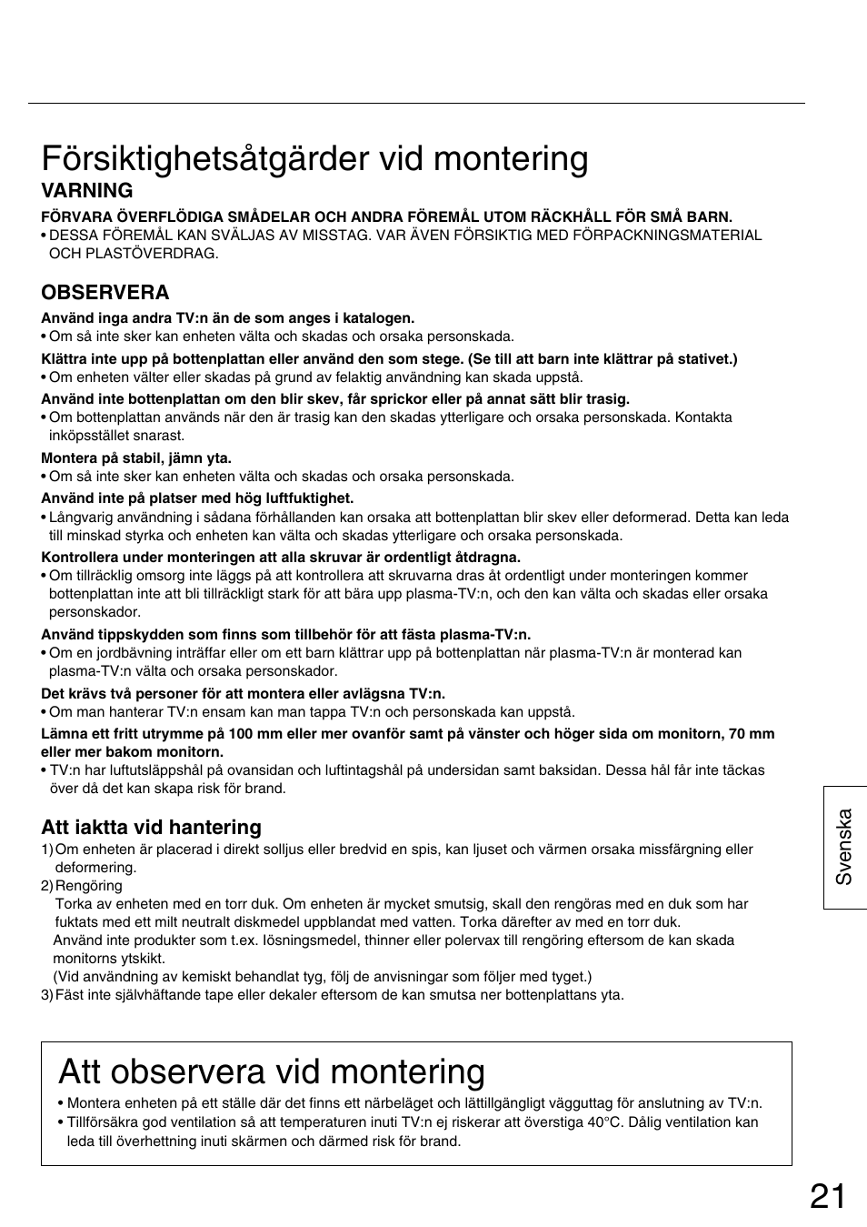 Försiktighetsåtgärder vid montering, Att observera vid montering | Panasonic TYST42PX5W User Manual | Page 21 / 32